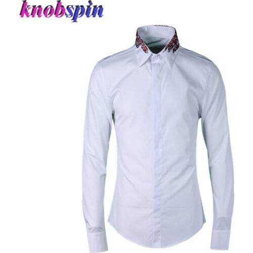 Fashion Embroidery Collar Shirt men Best Business male Dress shirts Solid 80% Cotton long sleeve Camisas masculina Plus size 4XL