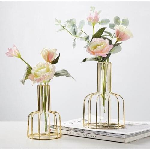 Nordic Metal Glass Vase Accessories Home Livingroom Desktop Fake Flower Iron Decoration Entrance Coffee Table Figurines Crafts