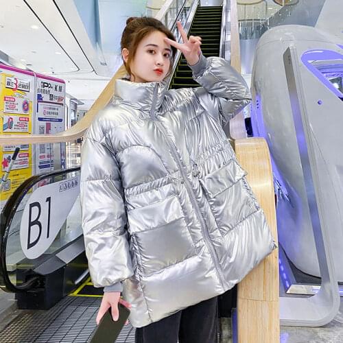 2021 New Winter Loose Cotton Coat Parkas Womens Casual Stand-up collar Down Cotton Jacket Coat Woman Glossy Warm Cotton Coats