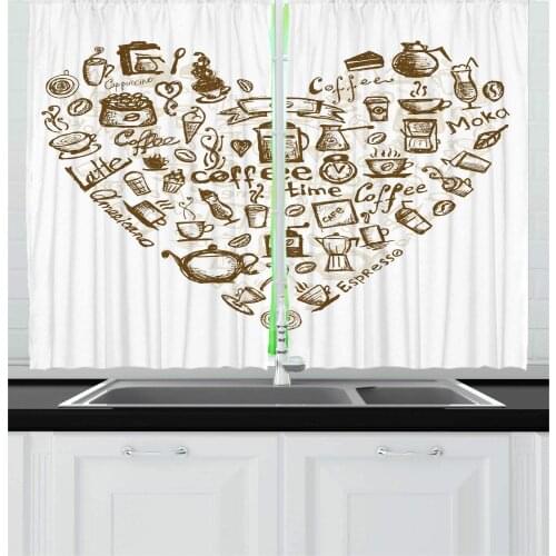 Coffee Ice Cream Cake Heart Shape Window Curtains Kitchen Drapes Panel Home Decor Curtains for Living Room Curtains for Bedroom