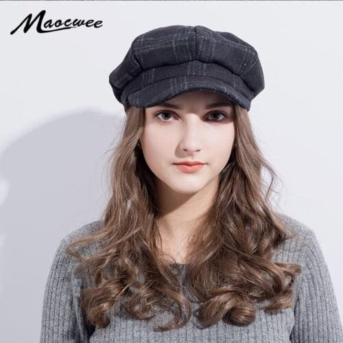 Autumn Winter Women Plaid Octagonal Cap Girls Lady Black Gray Retro European style Newsboy Berets Caps Hat Baker Cap Painter Cap
