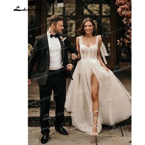 Modern Sequin A-Line Tulle Wedding Dresses Side Split Sweetheart Neck Sleeveless Lace Appliques Sweep/Brush Train Bride Gowns