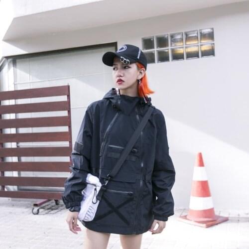 Patchwork 2017 zipper placketing ribbon pocket with a hood loose bf trench outerwear street