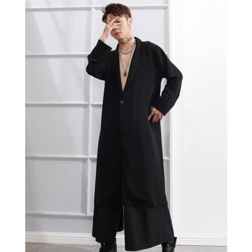 Spring and summer new mens wear medium length Lapel casual trench coat fashion performance stage personality dark White Street