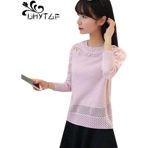 UHYTGF Knit spring autumn sweater women Fashion hollow pullover thin female sweater lace Beaded elegant short sweaters women 874