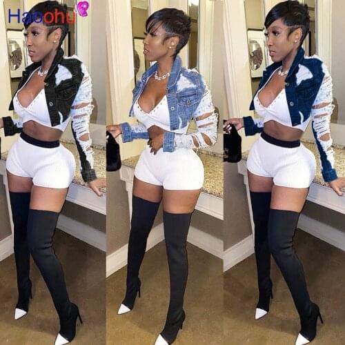 HAOOHU Plus Size Ripped Hole Cropped Woman Jean Jacket Women Blue Short Denim Jackets Jaqueta Long Sleeve Casual Jeans Coat