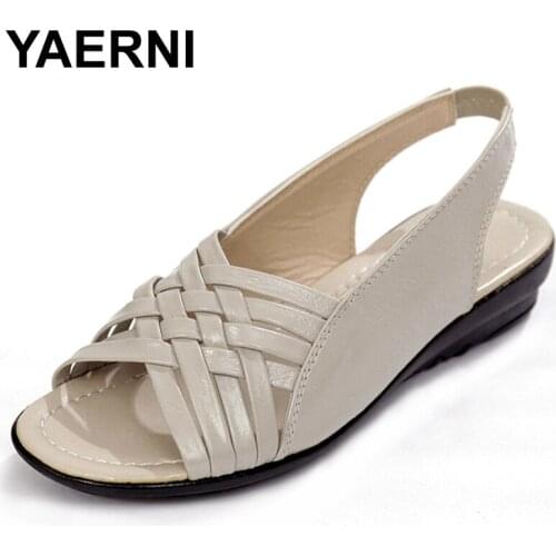 YAERNI Women Sandals Fashion Summer Women Shoes Woman Genuine Leather Open Toe Flat Sandals Comfortable Casual Women Sandals