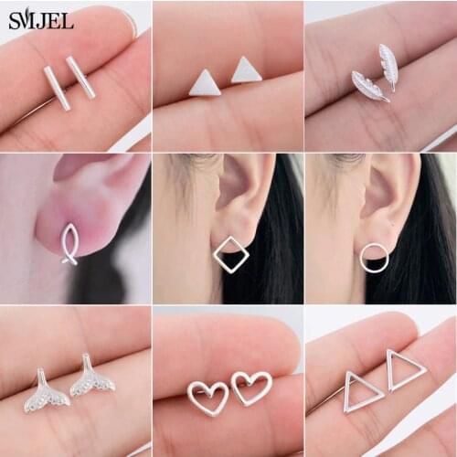 SMJEL Small Earrings Trendy Geometric Stud Earring for Women Kids Feather Llama Heart Triangle Earring Pendenties