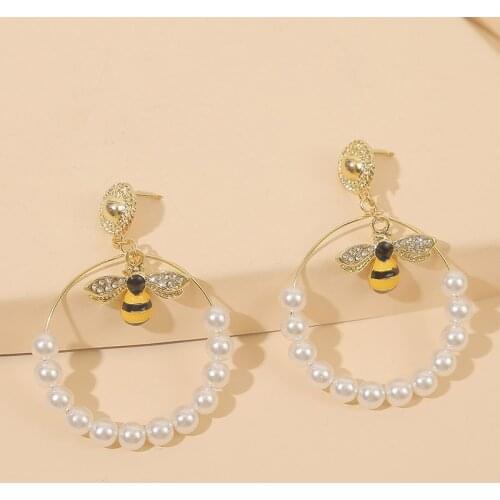 Classic Trendy Female Insect Bee Enamel Rhinestone Drop Earrings For Women Fashion Round Circle String Pearl Dangle Earring