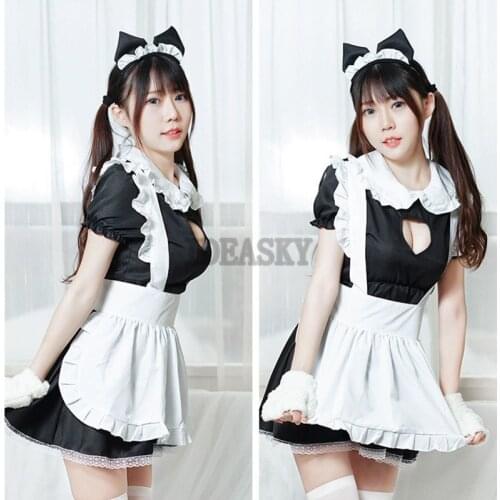 Classic Black Cafe Maid Cosplay Costume Lolita Cute Dress Restaurant Waiter Uniform For Women Including Bow Headdress