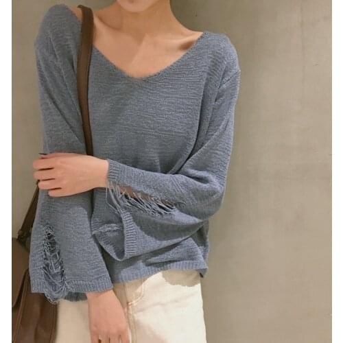 Harteen Spring Summer New Korean Fashion Tops Vintage Satin Trumpet Sleeve Hollow Out Sweater Casual v-Neck Knit Sweater Women