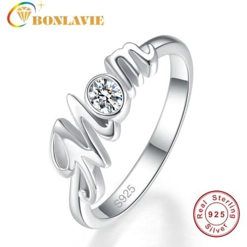 BONLAVIE 100% Pure 925 Sterling Silver Bijoux Anel Female Ring White Gemstone Letter MOM Ring Fine Jewelry Mothers Day Gift