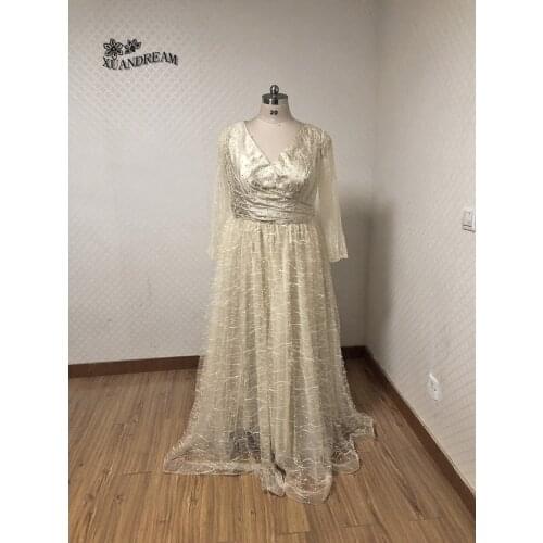 Heavy pearls evening gowns real made robe de soiree full beads elegant long sleeves plus size eveing dresses for party XD-015