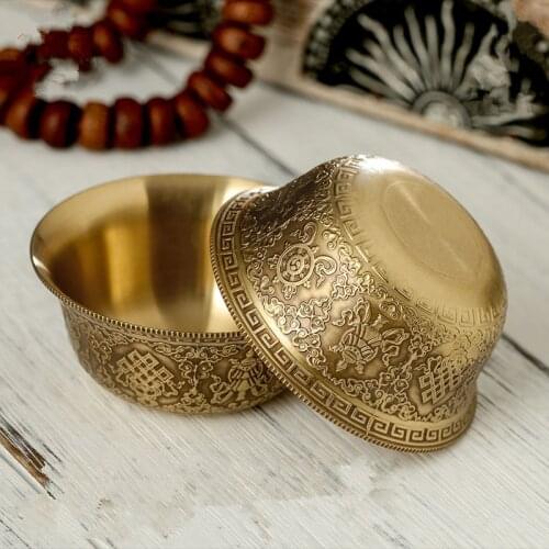 1pc Copper 6.8*3cm Tibetan Buddhist Exquisite Carving Eight Auspicious Symbol Temple Putting Decorate Water Cups/Bowls