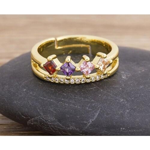 2020 Charm Fashion Rainbow CZ Ring Adjustable Copper Crystal Opening Geometric Rhinestone Ring For Women Wedding Party Jewelry