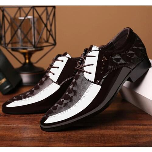 2020 Autumn New Mens Business Leather Shoes Pointed Toe Lace-up Leisure Dress Shoes Man Flat Wedding Party Leather Shoes