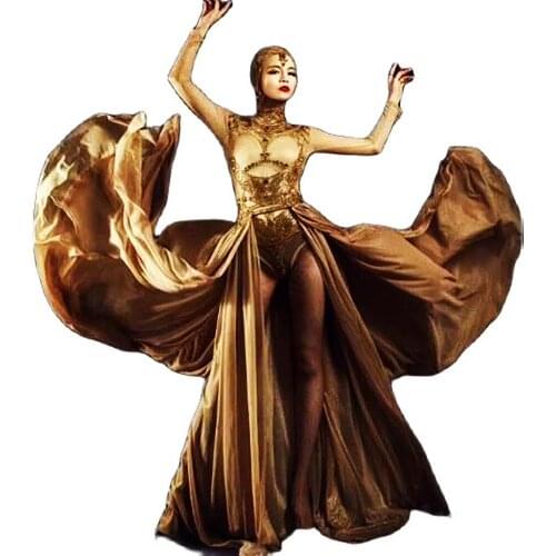 Shining Rhinestones Mesh Gauze Suits Long Sleeve Bodysuit Long Trailing Ladies Dance Costume Party Evening Costume Stage Wear