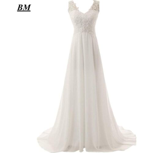BM Ivory Stock Size 16wWhite A-Line Chiffon Lace Wedding Dresses Beaded V-Neck Bridal Gowns Vestido De Novia BM312