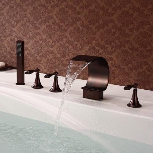 MTTUZK Oil-rubbed Bronze Waterfall Widespread Bathtub Faucet with Hand Shower (Curved Shape Design) 5 hole Bathtub Faucet set 09