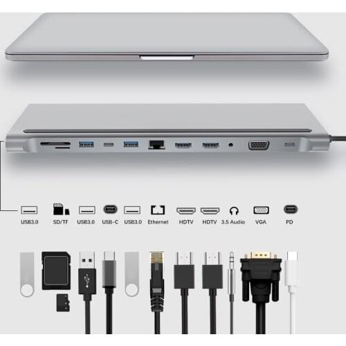 12in1 Type-c Multiport Docking Station Dual HDMI VGA Audio TF/SD Ethernet PD USB C HUB For Laptop Macbook