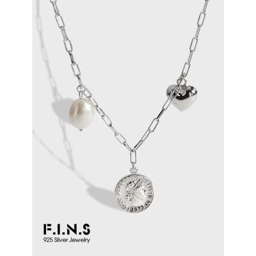 F.I.N.S Korean Style Vintage Design Heart Pearl Pendant S925 Sterling Silver Necklace Portrait Coin Clavicle Pendants for Women
