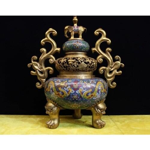 20" Chinese Bronze cloisonne 24K Gold Dragon phoenix Lion incense burner censer