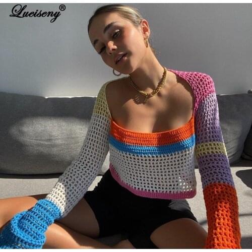 LUEISENY Knitted Long Sleeve Crop Top Women Beach Autumn Summer Patchwork Vintage Green Casual T Shirts Sexy Fashion camiseras