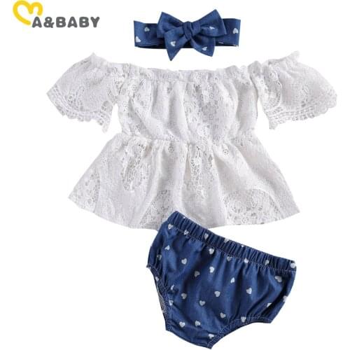 Ma&Baby 0-2Y Summer Toddler Infant Baby Girls Clothes Set Lace Off Shoulder T shirt Heart Print Shorts Outfits Costumes