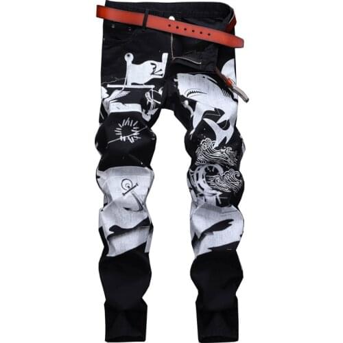 Mens shark white painting printed black jeans Fashion painted slim straight pants