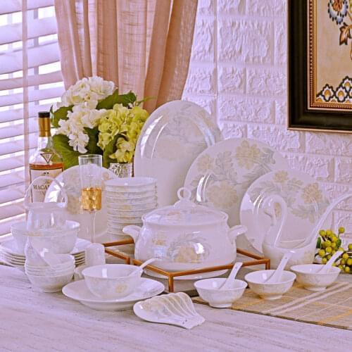 56pcs Dishes Set Housewarming Gift Bowls Plates Combination Tableware Bone China Dinner Suit