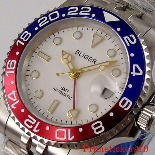 New 40mm bliger white dial mechanical automatic mens watch GMT sapphire glass ceramic bezel jubilee band