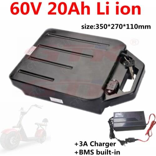 Rechargeable 60V 20Ah lithium li ion battery for fat tire electric scooter electric motorcycle e-rickshaw+3A charger