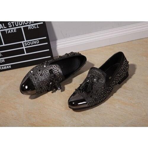 Luxury Band Crystal Bling Rivet Fringe Metal Round Toe Genuine Leather Loafers Shoes Dress Oxford Shoes For Men Zapatos Hombre