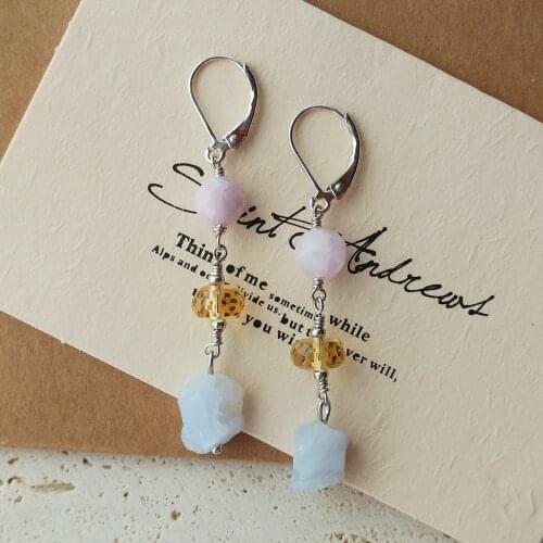 Lii JiGemstone 925 Sterling Silver Lever Back Drop Earrings Blue Lace Agate Citrine Kunzite Earring Women Summer Jewelry Gift