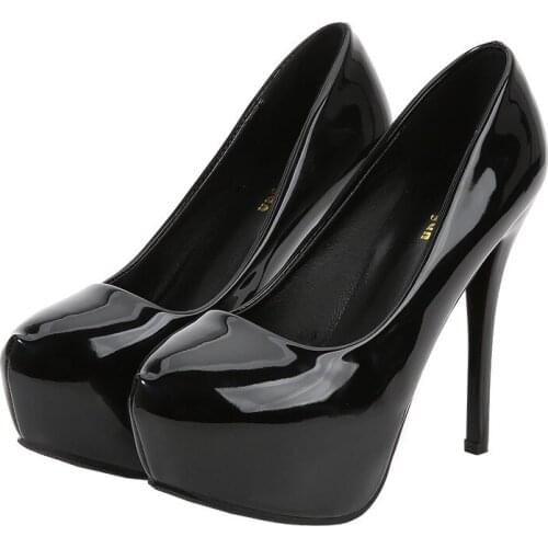 Women Pumps Brand 10CM 12CM Thin High heels Black PU Slip On Round Toe Dress Office Career Party Wedding waterproof women shoes