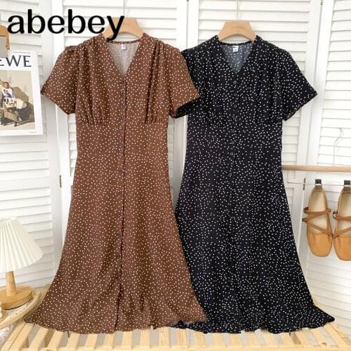 Vintage V-neck short sleeve Dress single breasted high waist pleated polka dot print mid-long A-line Dress 2021 New Summer
