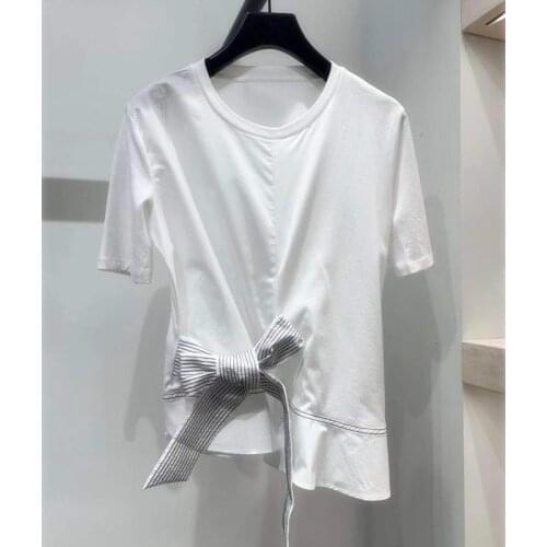 2020 Summer Women T Shirt Cotton Short Sleeve O Neck Korean Style Tie Bow Sweet tshirts Tee Summer Clothes