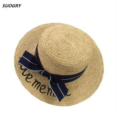 Women Summer Straw Hats Letter Love Me More Embroidery Flat Sun Hats Ladies Raffia Bow-Knot Beach Caps Chapeau Femme