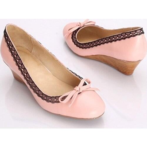 Ladies Larger Size Wood Grain Wedge Heel Lace Customized Bowtie Shoes Full Genuine Leather High Heels Women Pump 34-46 Kvoll OL