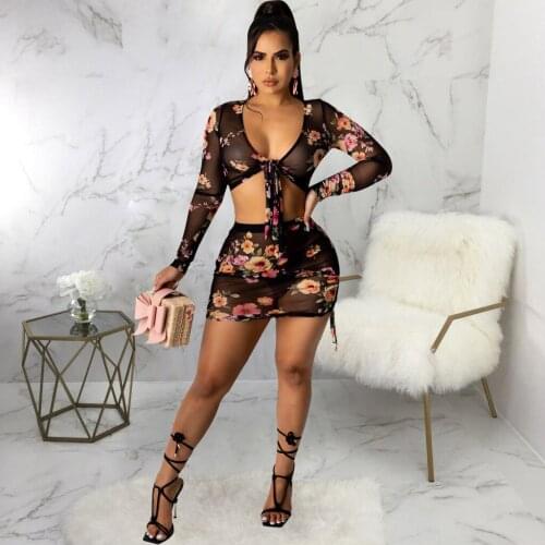 Sheer Mesh Floral Print Two Piece Set Women Deep V Neck Long Sleeve Crop Top and Ruched Drawstring Mini Skirt Perspective Suit