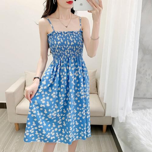 2020 Korean Women Chiffon Dress Summer Female Print Floral Vintage Elastic Strapless Strap Sleeveless Sundress NS4538