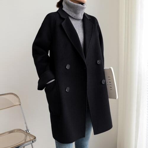 Female Minimalism Fashion Double-breasted Mid-length Lapel Comfortable Double-sided Cashmere Blend Loose Coat With Big Pocket