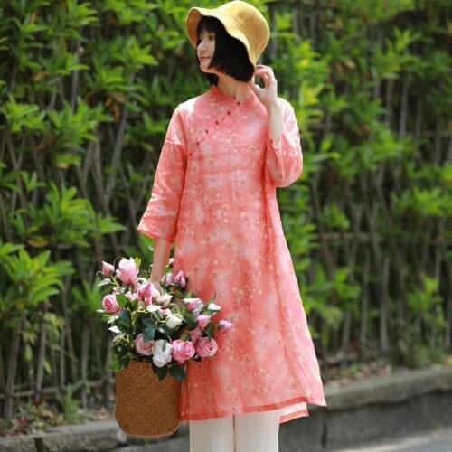 Johnature Women Chinese Style V-Neck Three Quarter Sleeve Dress 2021 Summer New Ramie Loose Dress Vintage Print Floral Dress