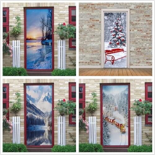 3D Vision Snow Scene Wallpaper Door Cover Sticker Self Adhesive Removable Wall Decal Poster Living Room Home Decor Paper Murals