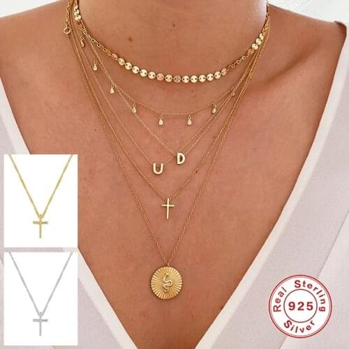 GS Genuine 100% 925 Sterling Silver Vintage Ethnic Glossy Cross Pendant Choker Necklace for Women Femme Party Jewelry Gift