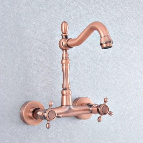 Antique Red Copper Brass Wall Mounted Bathroom Kitchen Sink Faucet Swivel Spout Mixer Tap Dual Cross Handles Mixer Tap Lsf863
