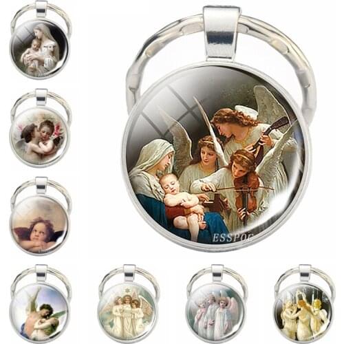 Virgin and Angels Glass Keychain Virgin Mary Glass Cabochon Pendant Angels Metal Key Chain Fashion Jewelry for Men Women Gift