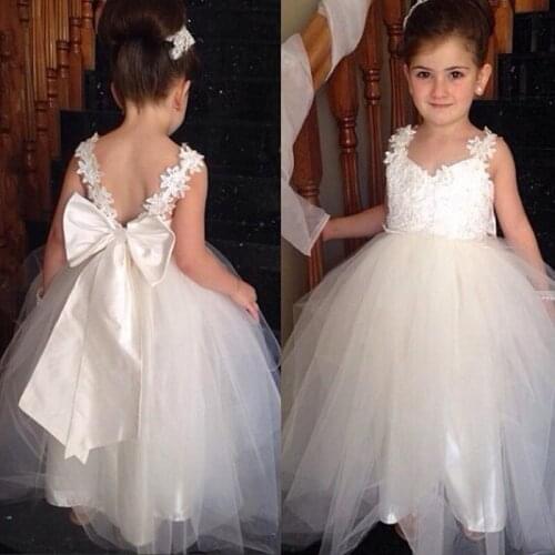 Cheap Flower Girl Dresses For Wedding With Big Bow V Neck Tulle Floor Length Backless Birthday Bridesmaid Party Dress For Girls