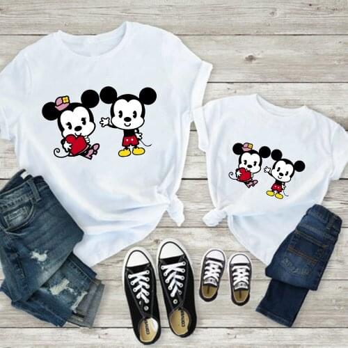 T Shirt For Family Summer Short Sleeve Loose White O-neck Tshirts Harajuku Mickey Minnie Lovely Disney Kawaii Childrens Tshirts