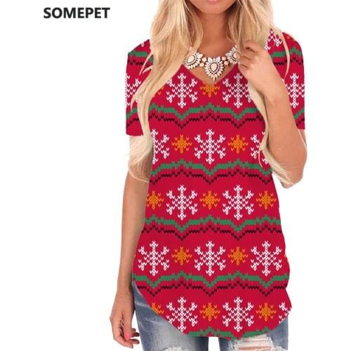 SOMEPET Christmas T-shirt women Snowflake V-neck Tshirt Painting Shirt Print Harajuku T-shirts 3d Womens Clothing Hip hop Cool